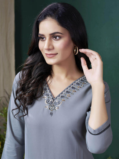 Endearing Grey Hand Work Cotton Festival Wear Kurti With Pant